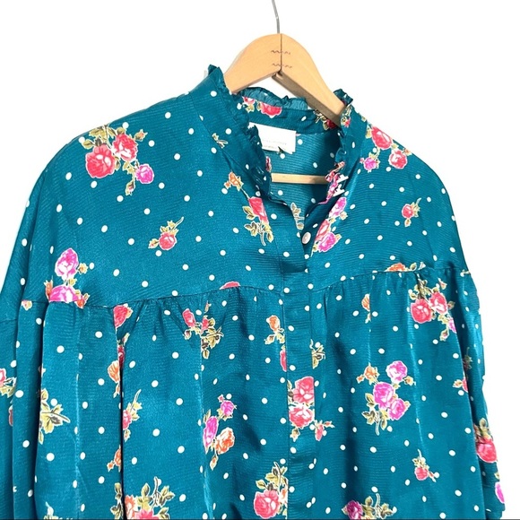 Anthropologie | Wellesley Ballon Sleeve Button Up Polka Dot Floral Blouse - Picture 4 of 9